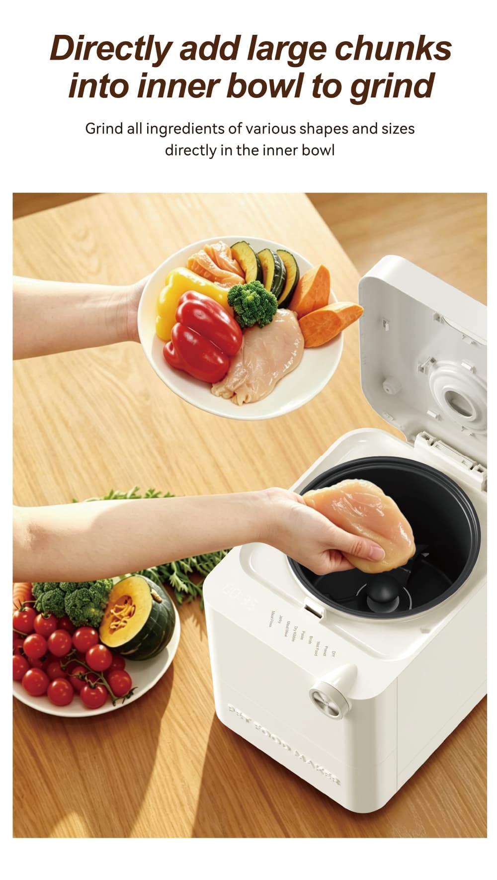 Adding a chicken breast and vegetables into the Ullopet bowl
