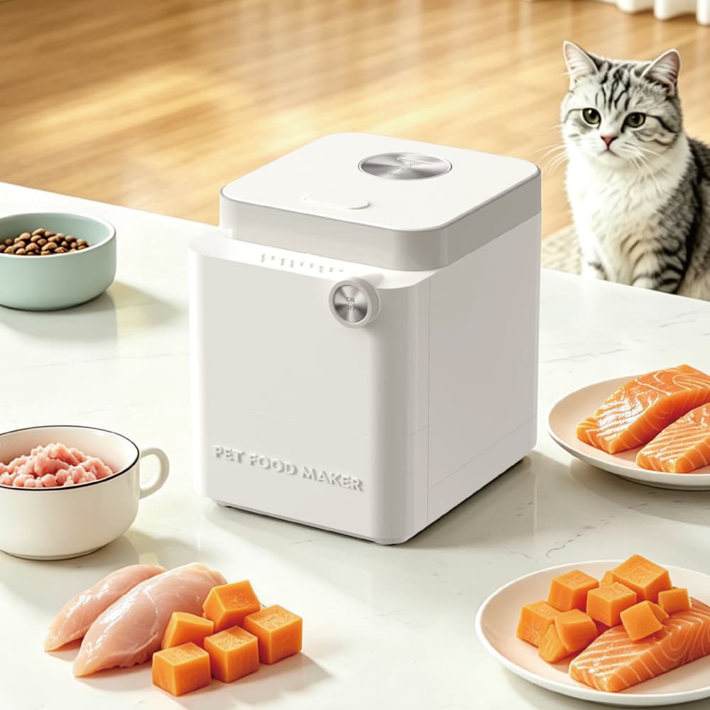 Ullopet on a kitchen counter with salmon and pumpkin