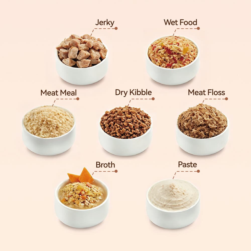 Seven pet food textures made with Ullopet